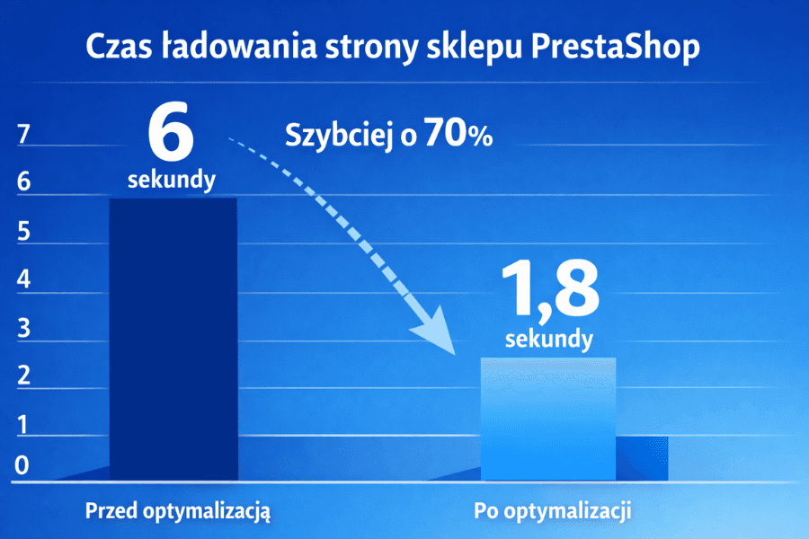 Wykres porównujący czas ładowania strony sklepu PrestaShop przed i po optymalizacji - wzrost z 6 sekund do 1,8 sekundy