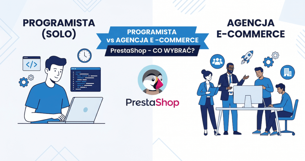 Porównanie własnego programisty i agencji e-commerce dla sklepu PrestaShop - infografika z ikonami zespołu i laptopa
