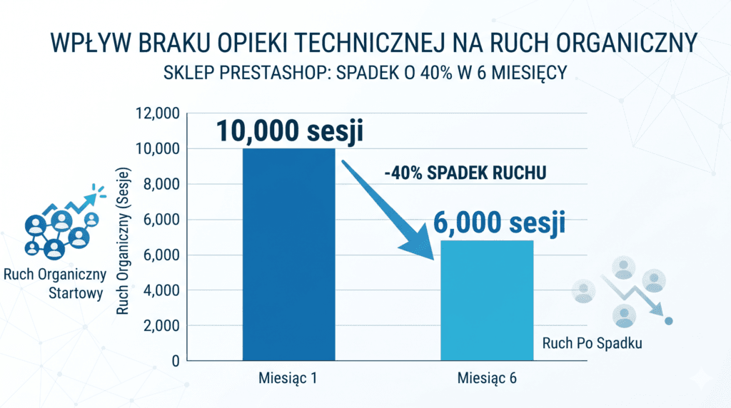 Analityka Google pokazująca 40% spadek ruchu organicznego w sklepie PrestaShop bez opieki technicznej przez okres 6 miesięcy