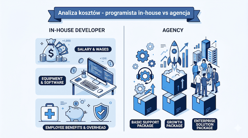 Wykres porównawczy kosztów zatrudnienia własnego programisty vs współpracy z agencją e-commerce PrestaShop