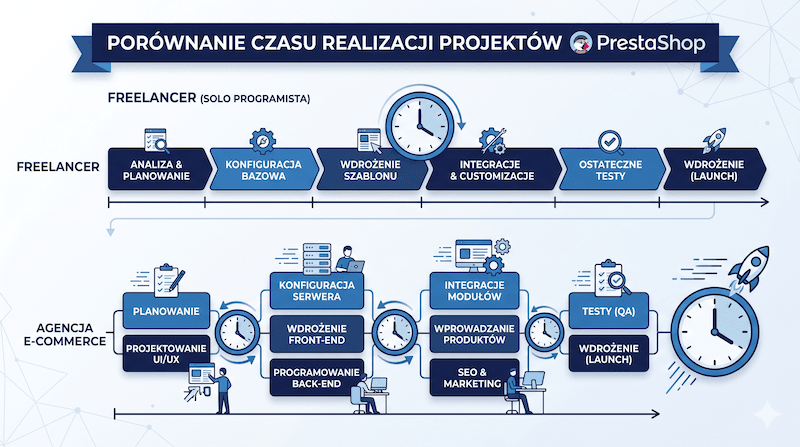 Oś czasu porównująca szybkość realizacji projektu przez freelancera vs growth partner
