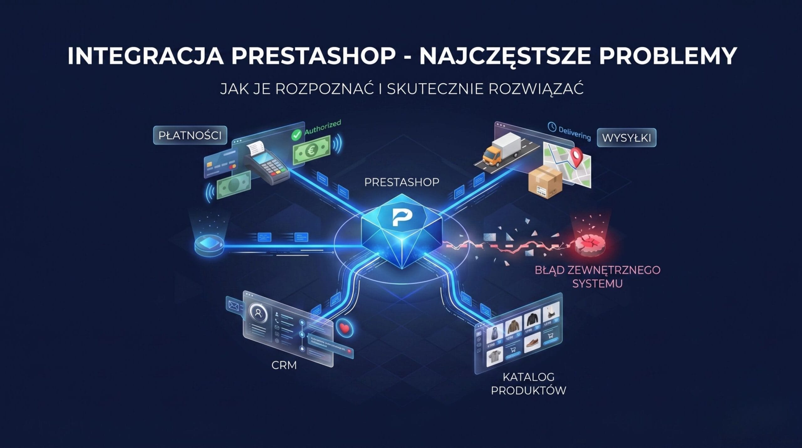 Najczęstsze problemy integracji w PrestaShop - ilustracja połączeń między sklepem a systemami zewnętrznymi